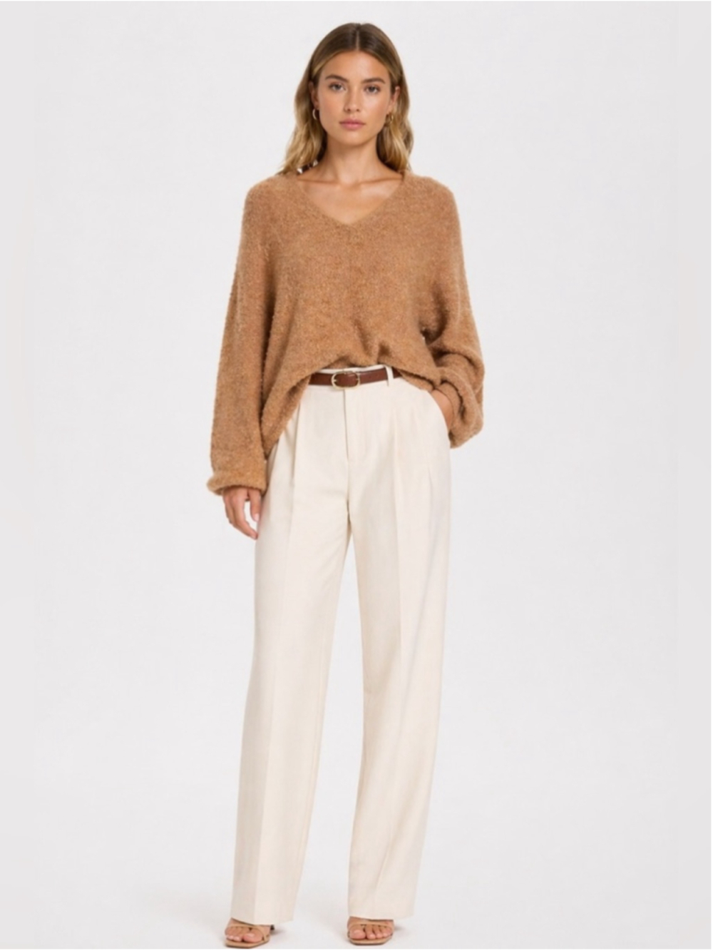 Vero Moda Textured Bouclé Knit Sweater Camel Oversized Cozy Minimalist